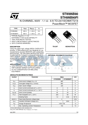 STH8NB90FI datasheet - N-CHANNEL 900V - 1.1 ohm - 8 A TO-247/ISOWATT218 PowerMesh MOSFET