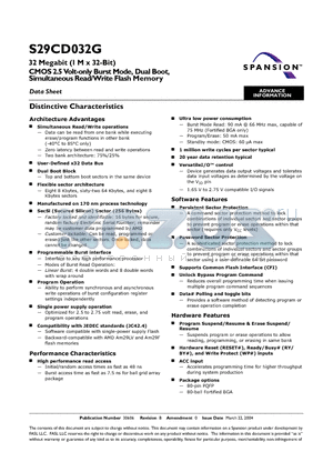 S29CD032G0RQAI002 datasheet - CMOS 2.5 VOLT ONLY BURST MODE DUAL BOOT, SIMULTANEOUS READ /WRITE FLASH MEMORY