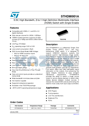 STHDMI001ATTR datasheet - 3.3V, High Bandwith, 2-to-1 High Definition Multimedia Interface (HDMI) Switch with Single Enable
