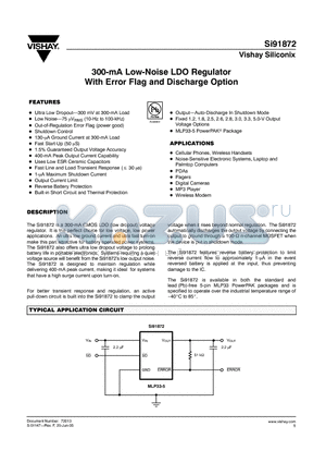 SI91872DMP-50-T1 datasheet - 300-mA Low-Noise LDO Regulator With Error Flag and Discharge Option