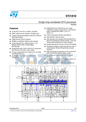 STI1010 datasheet - Single-chip worldwide iDTV processor