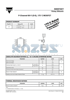 SI9407AEY datasheet - P-Channel 60-V (D-S), 175C MOSFET