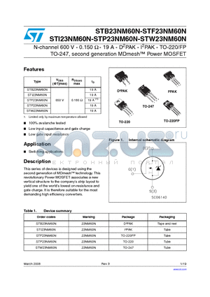 STI23NM60N datasheet - N-channel 600 V - 0.150 Y - 19 A - D2PAK - I2PAK - TO-220/FP TO-247, second generation MDmesh Power MOSFET