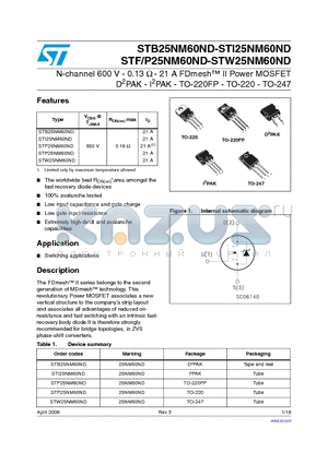 STI25NM60ND datasheet - N-channel 600 V - 0.13 Y - 21 A FDmesh II Power MOSFET D2PAK - I2PAK - TO-220FP - TO-220 - TO-247