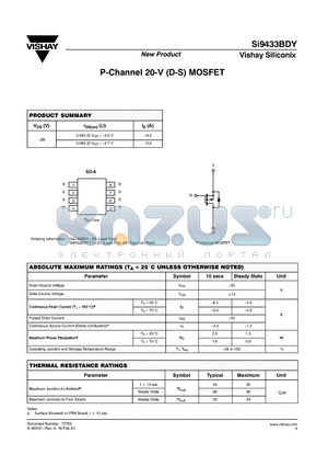 SI9433BDY-E3 datasheet - P-Channel 20-V (D-S) MOSFET