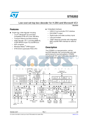 STI5202 datasheet - Low-cost set-top box decoder for H.264 and Microsoft VC1