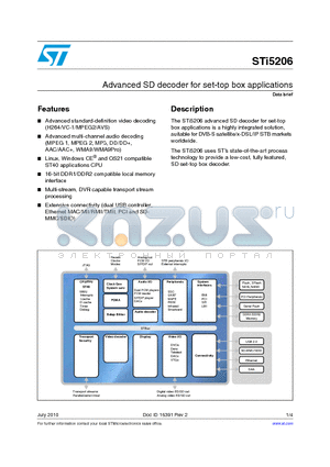 STI5206 datasheet - Advanced SD decoder for set-top box applications