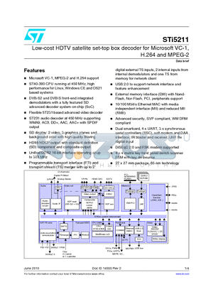 STI5211 datasheet - Low-cost HDTV satellite set-top box decoder for Microsoft VC-1, H.264 and MPEG-2