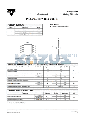 SI9435BDY-T1 datasheet - P-Channel 30-V (D-S) MOSFET