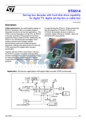 STI5514-MBOARD datasheet - Set-top box decoder with hard disk drive capability <br> for digital TV, digital set-top box or cable box