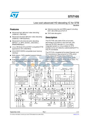 STI7105 datasheet - Low cost advanced HD decoding IC for STB