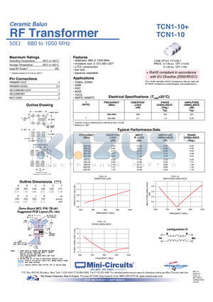 TCN1-10 datasheet - Ceramic Balun RF Transformer