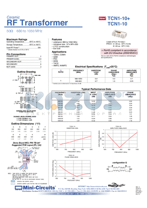 TCN1-10+ datasheet - Ceramic RF Transformer