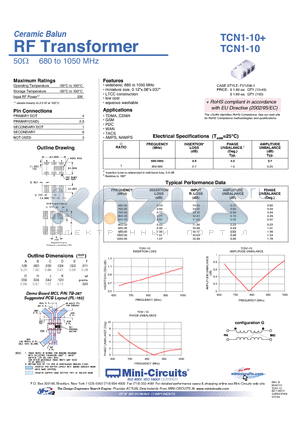 TCN1-10+ datasheet - Ceramic Balun RF Transformer
