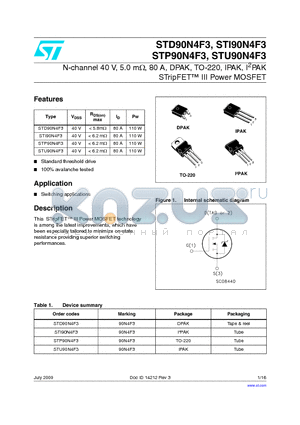 STI90N4F3 datasheet - N-channel 40 V, 5.0 mY, 80 A, DPAK, TO-220, IPAK, I2PAK STripFET III Power MOSFET