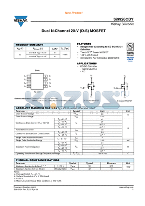 SI9926CDY datasheet - Dual N-Channel 20-V (D-S) MOSFET