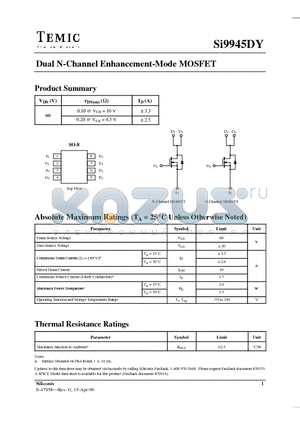 SI9945DY datasheet - Dual N-Channel Enhancement-Mode MOSFET
