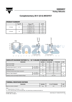 SI9958DY datasheet - Complementary 20-V (D-S) MOSFET