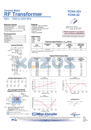 TCN4-22+ datasheet - Ceramic Balun RF Transformer