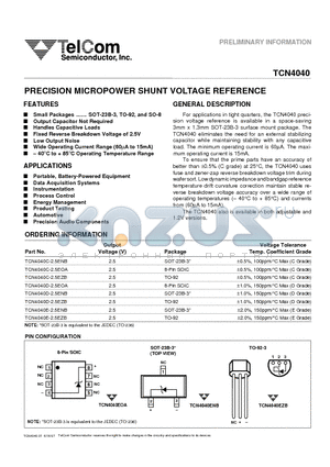 TCN4040C-2.5EOA datasheet - PRECISION MICROPOWER SHUNT VOLTAGE REFERENCE