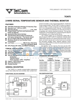 TCN75-3.3MOA datasheet - 2-WIRE SERIAL TEMPERATURE SENSOR AND THERMAL MONITOR