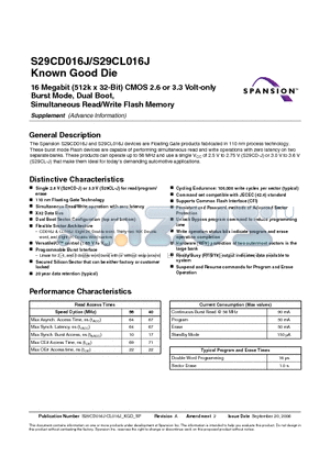 S29CL016J0JDGH137 datasheet - 16 Megabit (512k x 32-Bit) CMOS 2.6 or 3.3 Volt-only Burst Mode, Dual Boot, Simultaneous Read/Write Flash Memory