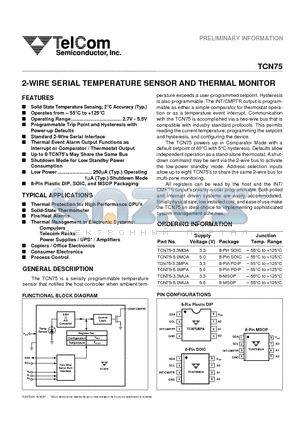 TCN75-3.3MPA datasheet - 2-WIRE SERIAL TEMPERATURE SENSOR AND THERMAL MONITOR