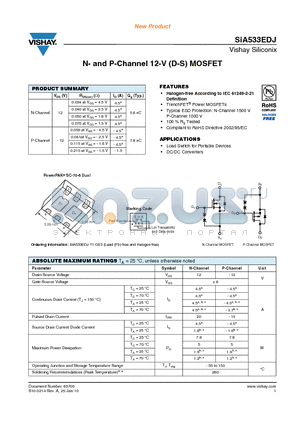 SIA533EDJ-T1-GE3 datasheet - N- and P-Channel 12-V (D-S) MOSFET
