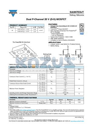 SIA907EDJT datasheet - Dual P-Channel 20 V (D-S) MOSFET