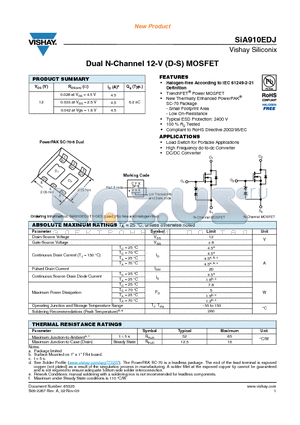 SIA910EDJ datasheet - Dual N-Channel 12-V (D-S) MOSFET