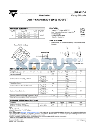 SIA911DJ datasheet - Dual P-Channel 20-V (D-S) MOSFET