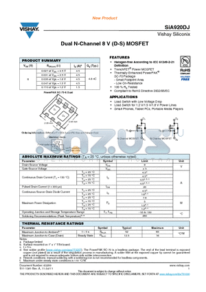 SIA920DJ-T1-GE3 datasheet - Dual N-Channel 8 V (D-S) MOSFET