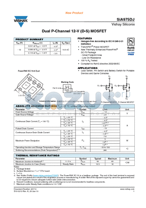 SIA975DJ-T1-GE3 datasheet - Dual P-Channel 12-V (D-S) MOSFET