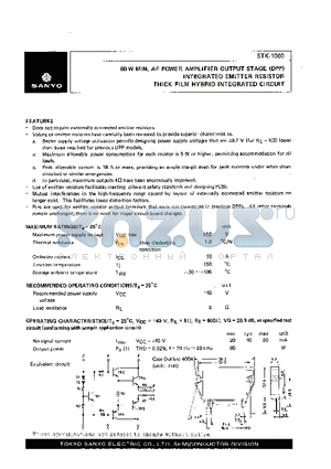 STK1060 datasheet - INTEGRATED EMITTER RESISTOR THICK FILM FILM HYBRID INTEGRATED CIRCUIT