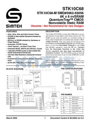 STK10C68-5C35 datasheet - 8K x 8 nvSRAM QuantumTrap CMOS Nonvolatile Static RAM