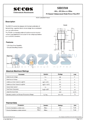 SID3310 datasheet - P-Channel Enhancement Mode Power Mos.FET