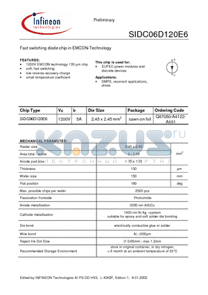 SIDC06D120E6 datasheet - Fast switching diode chip in EMCON-Technology