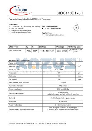 SIDC110D170H datasheet - Fast switching diode chip in EMCON 3 -Technology