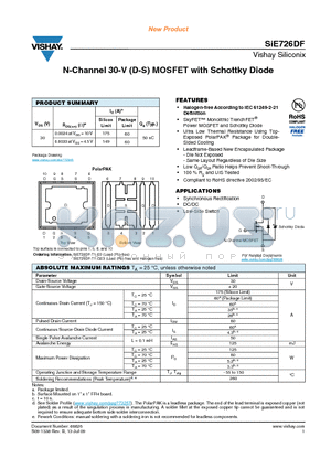 SIE726DF-T1-GE3 datasheet - N-Channel 30-V (D-S) MOSFET with Schottky Diode