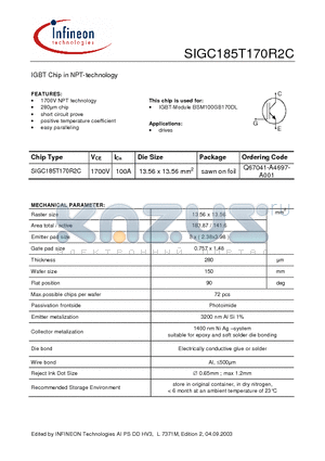 SIGC185T170R2C datasheet - IGBT Chip in NPT-technology