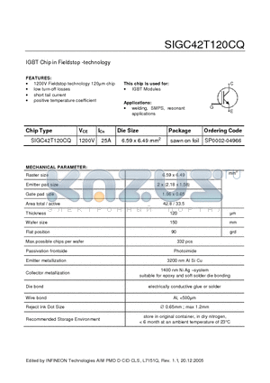 SIGC42T120CQ datasheet - IGBT Chip in Fieldstop -technology