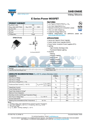 SIHB15N60E datasheet - E Series Power MOSFET