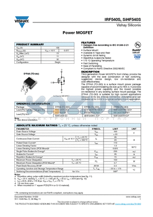 SIHF540STRL-GE3 datasheet - Power MOSFET