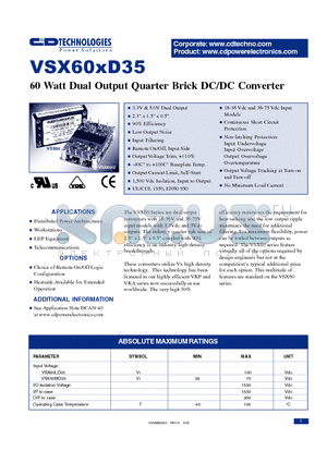 VSX60MD35-1U datasheet - 60 WATT DUAL OUTPUT QUARTER BRICK DC/DC CONVERTER