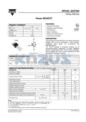 SIHF640 datasheet - Power MOSFET
