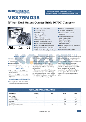 VSX75MD35-1U datasheet - 75 WATT DUAL OUTPUT QUARTER BRICK DC/DC CONVERTER