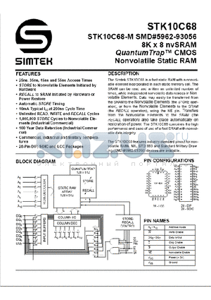 STK10C68-L45I datasheet - 8K X 8 nvSRAM QuantumTrap CMOS Nonvolatile Static RAM
