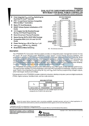 TPS2202AIDBLE datasheet - DUAL-SLOT PC CARD POWER-INTERFACE SWITCH WITH RESET FOR SERIAL PCMCIA CONTROLLER