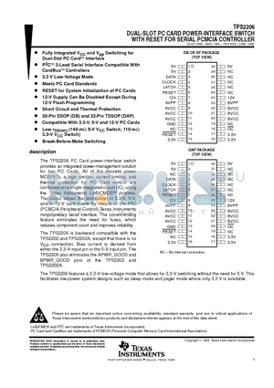 TPS2206Y datasheet - DUAL-SLOT PC CARD POWER-INTERFACE SWITCH WITH RESET FOR SERIAL PCMCIA CONTROLLER