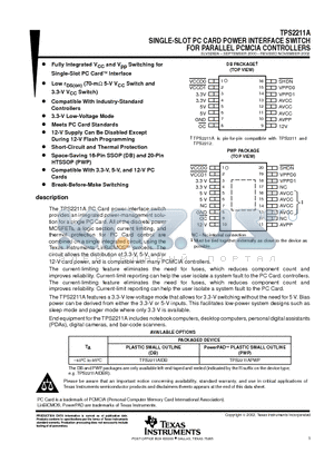 TPS2211APWPR datasheet - SINGLE-SLOT PC CARD POWER INTERFACE SWITCH FOR PARALLEL PCMCIA CONTROLLERS